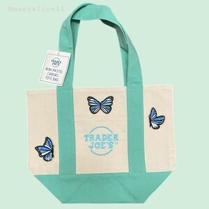Trader Joe's Mini Pastel Canvas Tote Mint & Natural, One-Sided Butterfly Design.